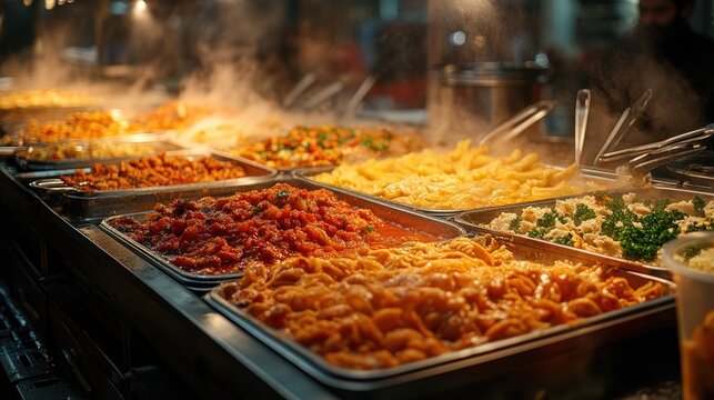 Steaming hot food buffet with various pasta dishes and meat.