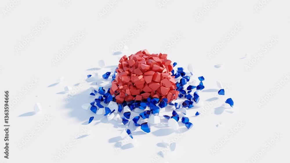Poster abstract 3d render, elegant 3d form falling on a white surface in stylish red blue white, seamless l