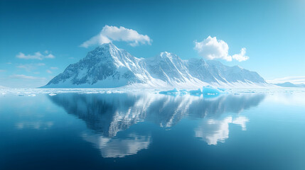 Fototapeta premium Snowy mountains reflect in calm, blue arctic water under a bright sky