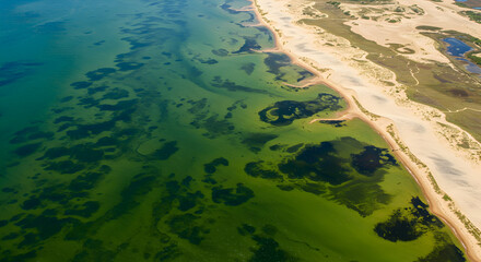 Obraz premium Aerial vista showcasing the vibrant green wetlands blending into coastal dunes beauty
