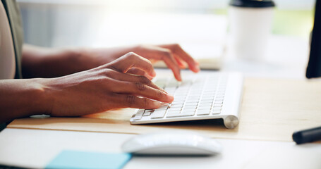 Woman typing, hands and keyboard for article in office, journalist and online for story research. Editing, spell check and site for news column update, reporter and professional at publishing agency