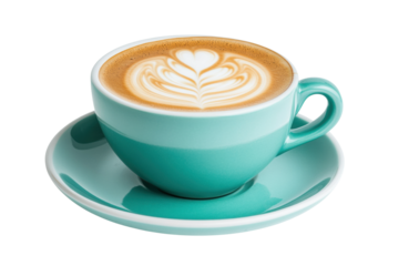 Latte art in turquoise cup and saucer, cut out
