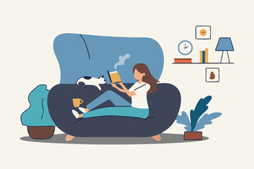 Relaxation lifestyle, comfortable at home or calm, cosy wellbeing or enjoy reading books, positive emotion, chill or reduce anxiety concept, young woman relax reading book while playing with pet.