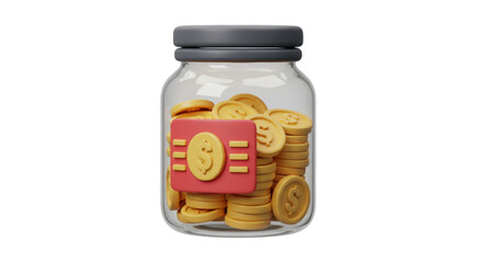 Isolated Glass Jar Filled with Gold Coins and a Gold Ingot
