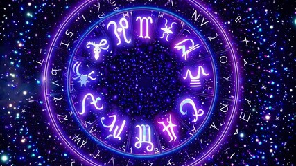 Top-down view of a glowing zodiac wheel with vibrant colors and cosmic background, creating a mystical and enchanting video atmosphere.