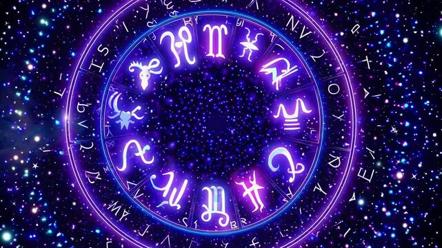 Top-down view of a glowing zodiac wheel with vibrant colors and cosmic background, creating a mystical and enchanting video atmosphere.