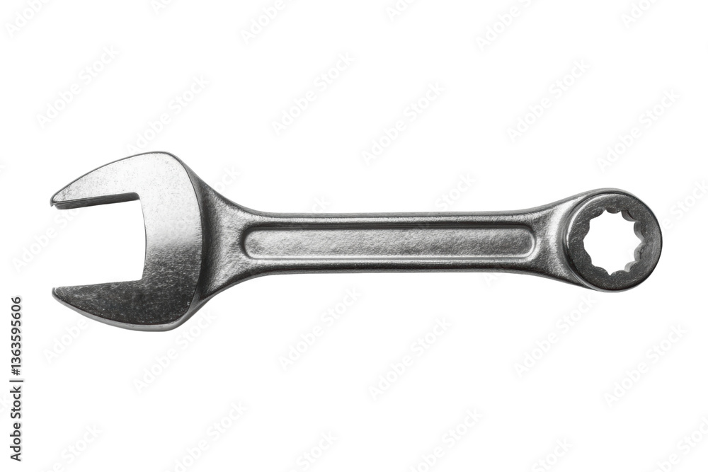 Poster metallic open-ended and box wrench with dual heads for versatile tool use, cut out
