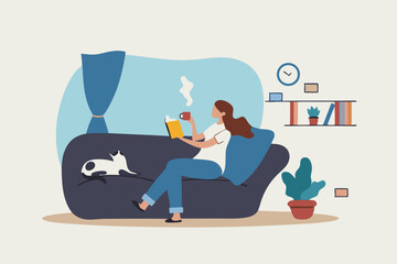 Relaxation lifestyle, comfortable at home or calm, cosy wellbeing or enjoy reading books, positive emotion, chill or reduce anxiety concept, young woman relax reading book while playing with pet.