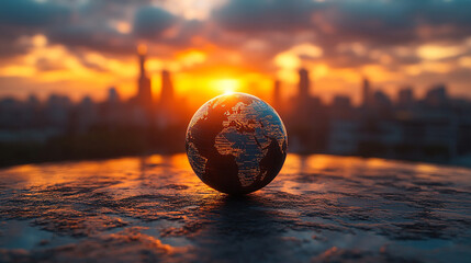 A 3D rendering of a globe centered over a cityscape, symbolizing global expansion, connectivity, and modern growth, highlighting the integration of urban development and global reach.

