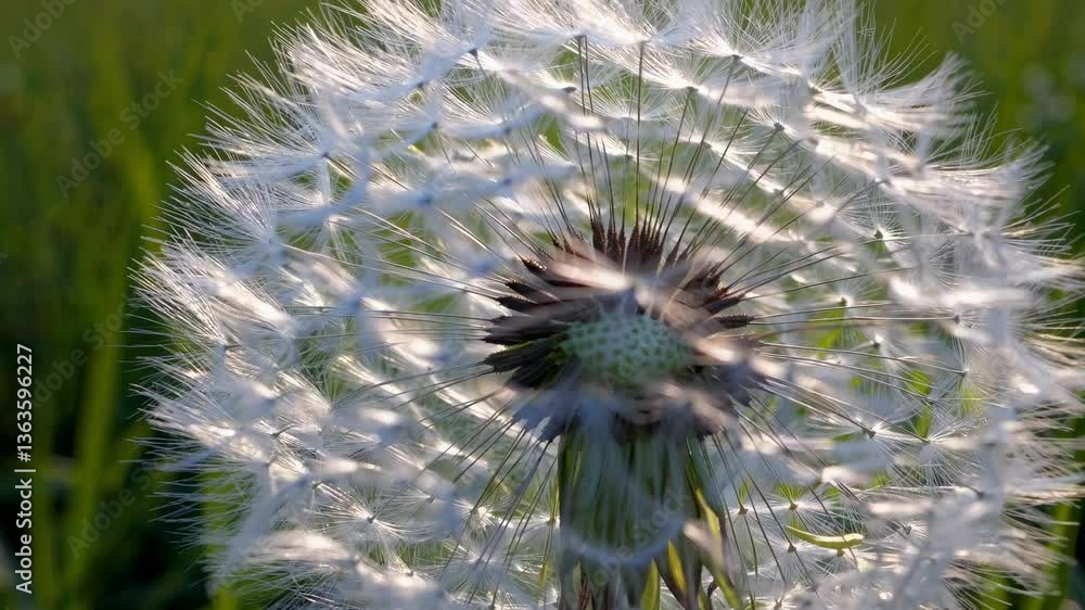 Poster close-up video of a dandelion in a field, captured from a side angle. the focus is on the intricate 