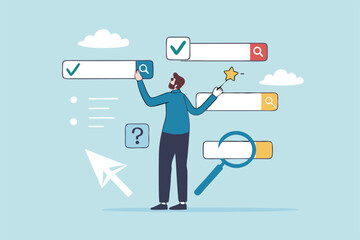 Search or discover new information, find new job or career available, research and analyze information, SEO website optimization, searching concept, businessman search new job on virtual search box.
