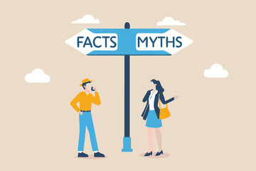 Fact vs Myth, truth or false information to make decision, belief or fiction to choose to believe, trustworthy, fraud or wrong direction concept, business people at Facts vs Myths directional sign.