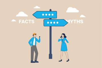 Fact vs Myth, truth or false information to make decision, belief or fiction to choose to believe, trustworthy, fraud or wrong direction concept, business people at Facts vs Myths directional sign.
