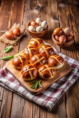 Board with Easter cross buns, napkin and eggs on wooden background