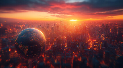 A 3D rendering of a globe centered over a cityscape, symbolizing global expansion, connectivity, and modern growth, highlighting the integration of urban development and global reach.

