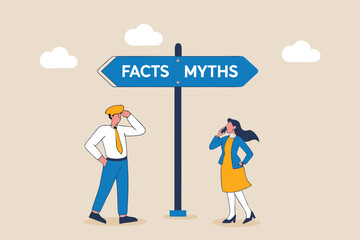Fact vs Myth, truth or false information to make decision, belief or fiction to choose to believe, trustworthy, fraud or wrong direction concept, business people at Facts vs Myths directional sign.
