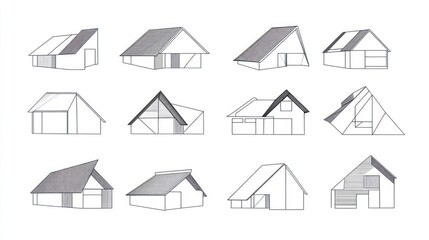 House roof designs, architectural sketches, white background, planning