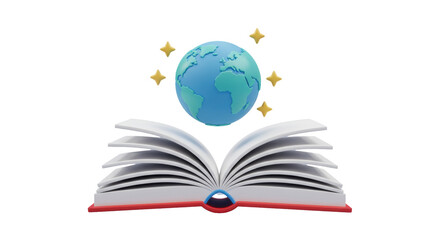 Isolated Open Book with Earth Globe and Stars