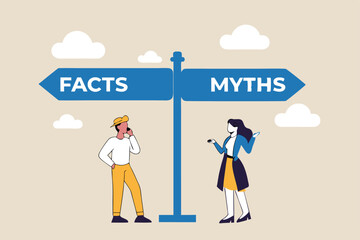 Fact vs Myth, truth or false information to make decision, belief or fiction to choose to believe, trustworthy, fraud or wrong direction concept, business people at Facts vs Myths directional sign.