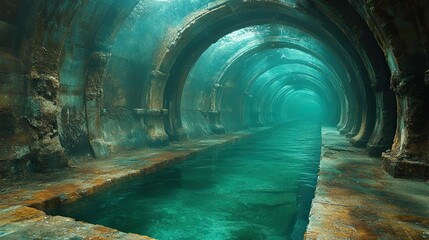 A submerged tunnel with archways filled with beautiful blue water