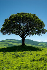 Fototapeta premium Solitary tree stands in a green field under clear blue sky Hills in background