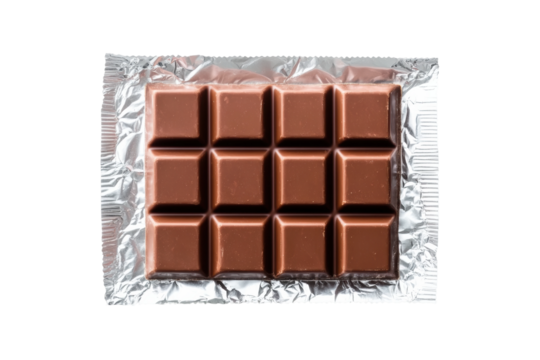 Milk chocolate bar in silver wrapper displaying twelve segments, cut out