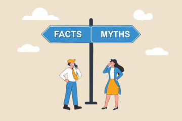 Fact vs Myth, truth or false information to make decision, belief or fiction to choose to believe, trustworthy, fraud or wrong direction concept, business people at Facts vs Myths directional sign.