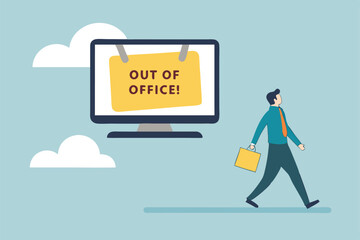 Out of office notice message, vacation or holiday leave sticky on laptop, note or summer break announcement, email notification concept, businessman leave out of office message on computer laptop.