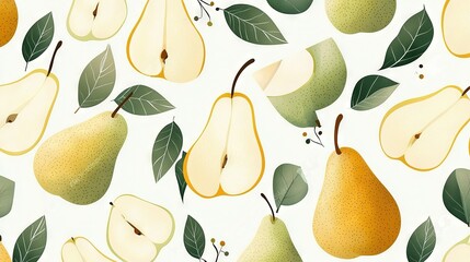 Obraz premium Group of green and yellow pears on white background with green and yellow leaves