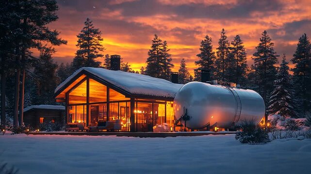 Cozy winter cabin at sunset with propane tank, snowy landscape