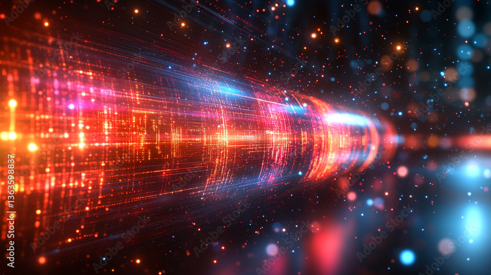 Poster microchip at the center, encircled by dynamic, glowing data streams, symbolizing technological progr