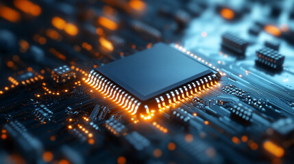 microchip at the center, encircled by dynamic, glowing data streams, symbolizing technological progress and innovation in modern computing and digital transformation