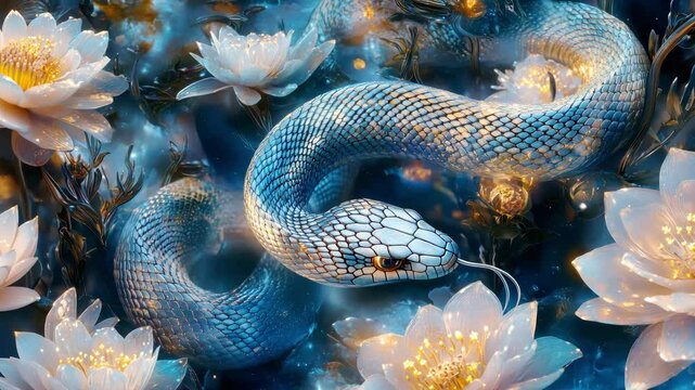 Colorful blue snake gracefully weaving through vibrant water lilies in a tranquil pond setting
