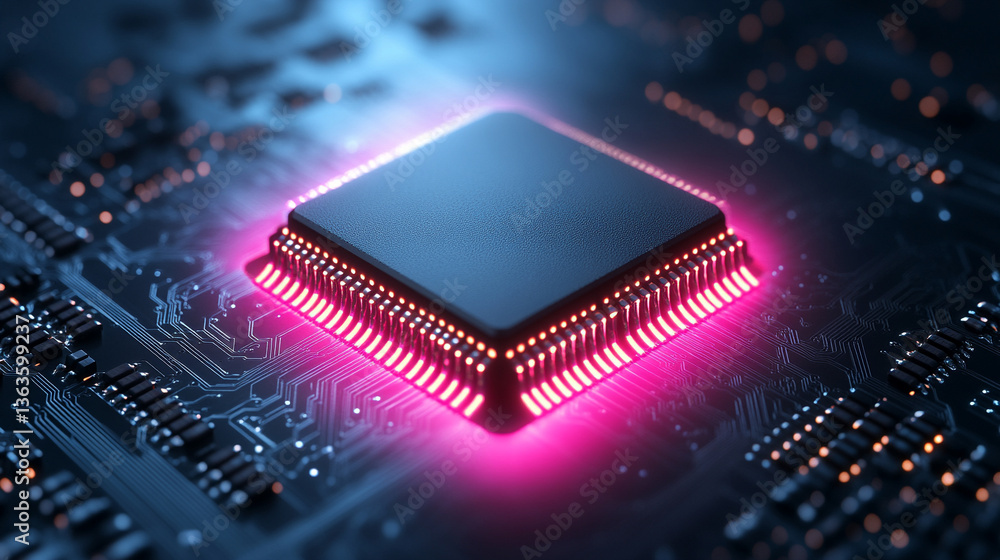 Poster microchip at the center, encircled by dynamic, glowing data streams, symbolizing technological progr