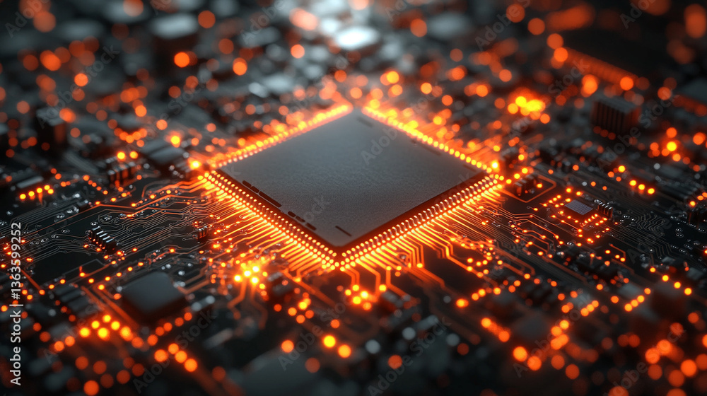 Poster microchip at the center, encircled by dynamic, glowing data streams, symbolizing technological progr