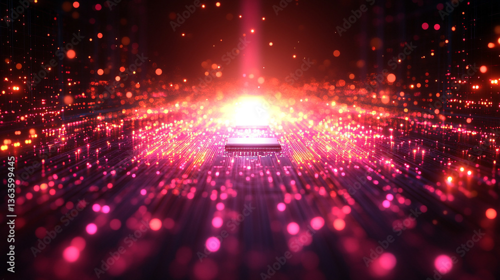 Poster microchip at the center, encircled by dynamic, glowing data streams, symbolizing technological progr