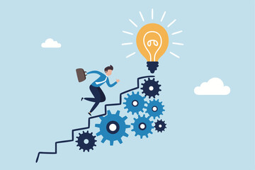Best practices development, strategy to success or improvement, planning, progress or implementation process, efficiency or productivity concept, businessman running up stair on cogwheel gears system.
