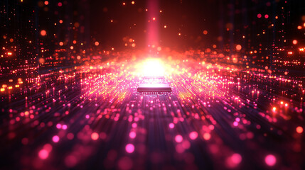 microchip at the center, encircled by dynamic, glowing data streams, symbolizing technological progress and innovation in modern computing and digital transformation