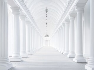 Obraz premium White background, bright and clean scene, long corridor with white columns on both sides, symmetrical composition 