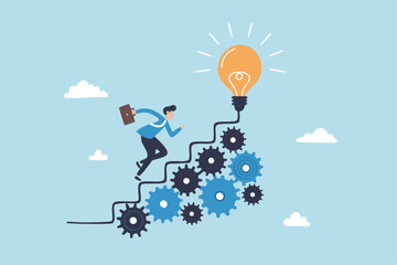 Best practices development, strategy to success or improvement, planning, progress or implementation process, efficiency or productivity concept, businessman running up stair on cogwheel gears system.