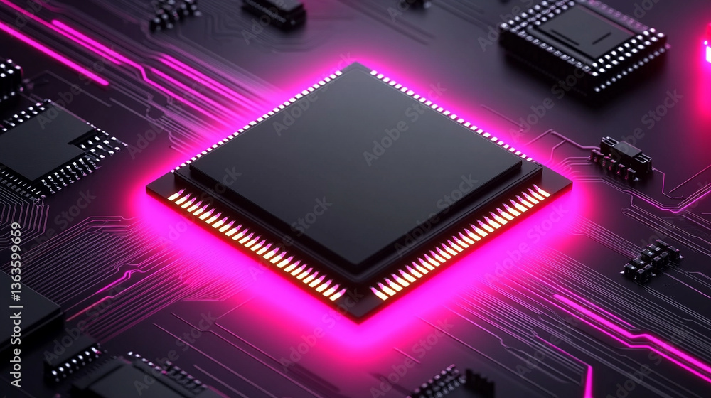Poster microchip at the center, encircled by dynamic, glowing data streams, symbolizing technological progr