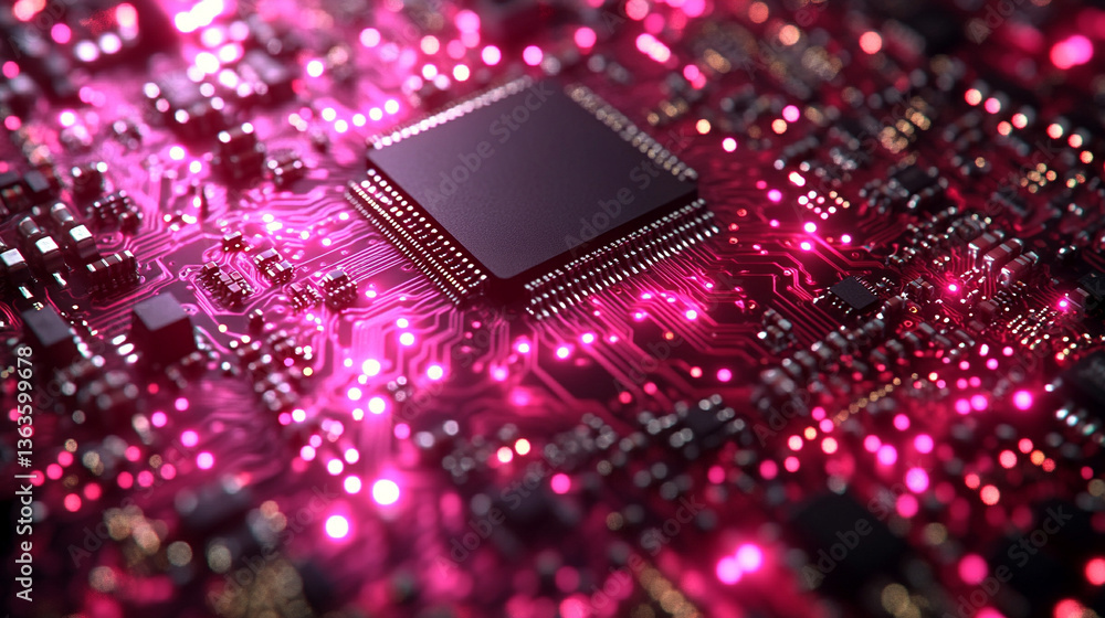 Poster microchip at the center, encircled by dynamic, glowing data streams, symbolizing technological progr
