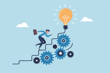 Best practices development, strategy to success or improvement, planning, progress or implementation process, efficiency or productivity concept, businessman running up stair on cogwheel gears system.