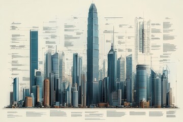 Naklejka premium Modern Urban Landscape with Tall Skyscrapers and Architectural Designs in Vibrant City Setting