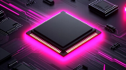 microchip at the center, encircled by dynamic, glowing data streams, symbolizing technological progress and innovation in modern computing and digital transformation