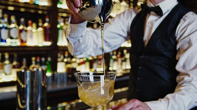Bartender pouring cocktail in luxurious bar