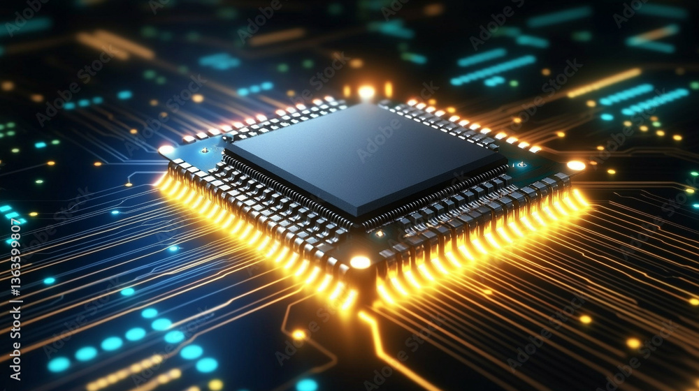 Poster microchip at the center, encircled by dynamic, glowing data streams, symbolizing technological progr