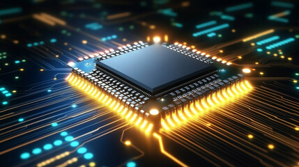microchip at the center, encircled by dynamic, glowing data streams, symbolizing technological progress and innovation in modern computing and digital transformation