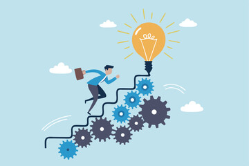 Best practices development, strategy to success or improvement, planning, progress or implementation process, efficiency or productivity concept, businessman running up stair on cogwheel gears system.