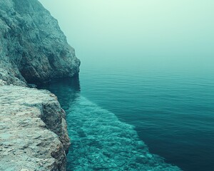 Misty coastal scene with rocky cliffs meeting tranquil turquoise water
